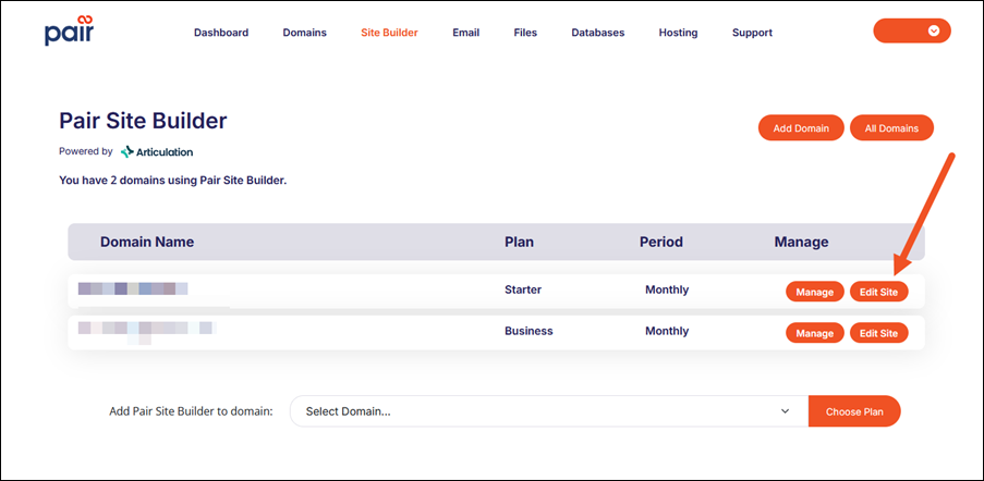 image of the Pair Site Builder interface with an arrow pointing to the Edit button